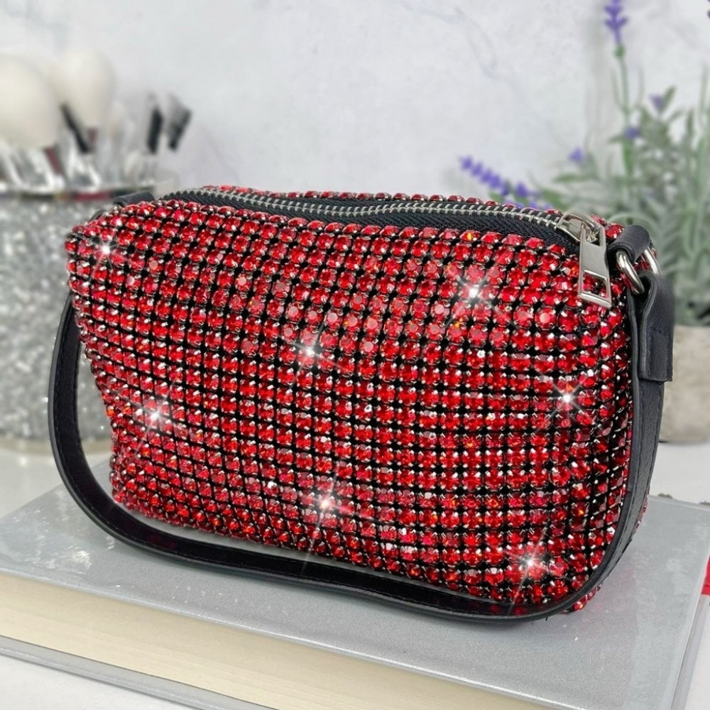 Ruby Red Beaded Rhinestone Crossbody Top Handle Bag New - Picture 2 of 6